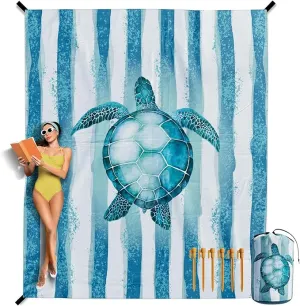 VENTURE 4TH Family-Size Beach Blanket: Sandproof, Waterproof, Lightweight & Compact. Includes Stakes and Carry Bag. 9x10 feet XXL Striped Turtle