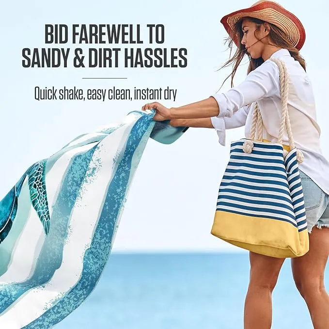 VENTURE 4TH Family-Size Beach Blanket: Sandproof, Waterproof, Lightweight & Compact. Includes Stakes and Carry Bag. 9x10 feet XXL Striped Turtle