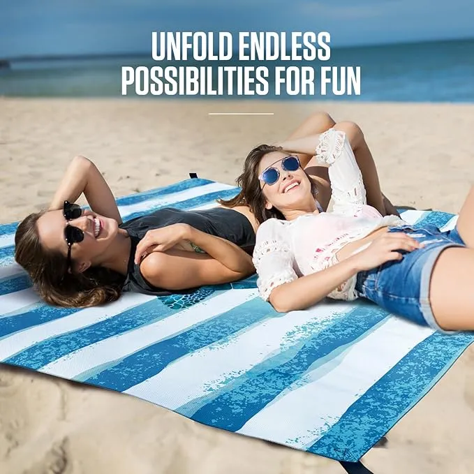 VENTURE 4TH Family-Size Beach Blanket: Sandproof, Waterproof, Lightweight & Compact. Includes Stakes and Carry Bag. 9x10 feet XXL Striped Turtle
