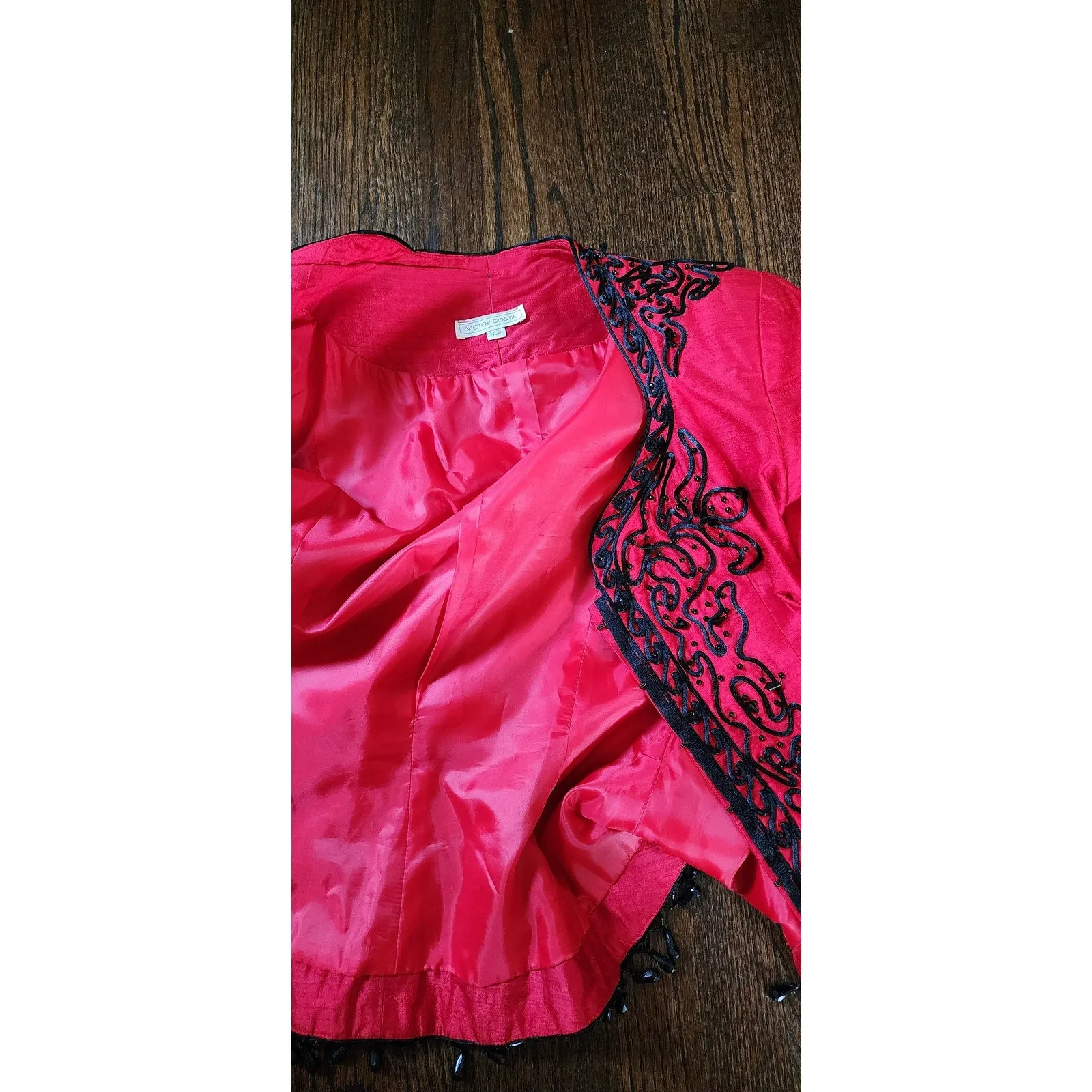 Vintage 80s Victor Costa Blazer Red Silk Black Beads Large