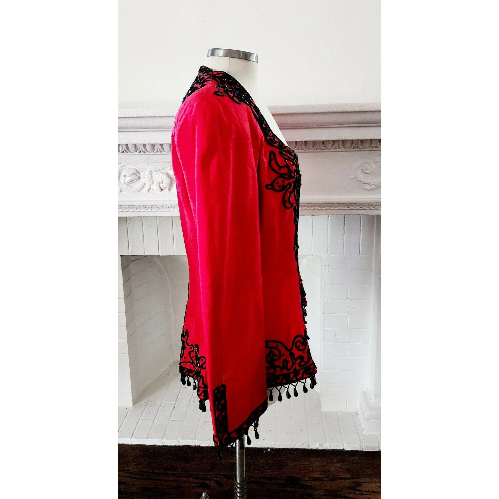 Vintage 80s Victor Costa Blazer Red Silk Black Beads Large