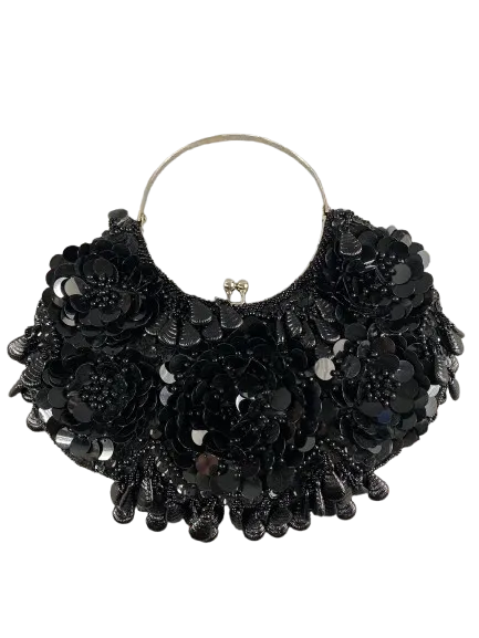 Vintage Black Dangling Beaded Sequins Evening Bag