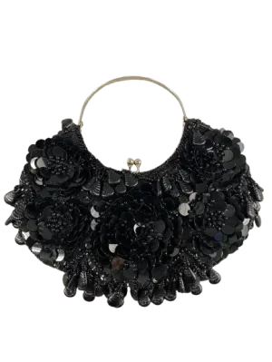 Vintage Black Dangling Beaded Sequins Evening Bag
