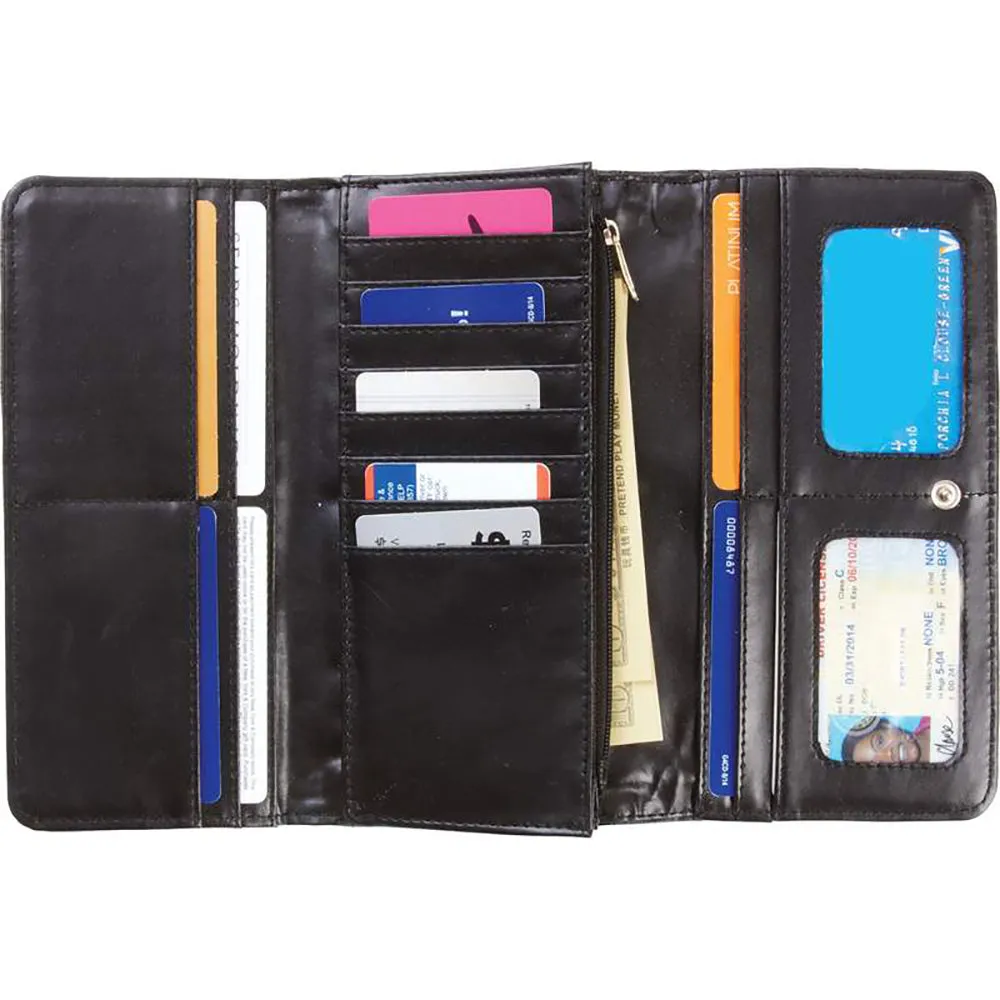 Wallet Womens ID Credit Card Case Holder Slim Tri-Fold Black Genuine Leather