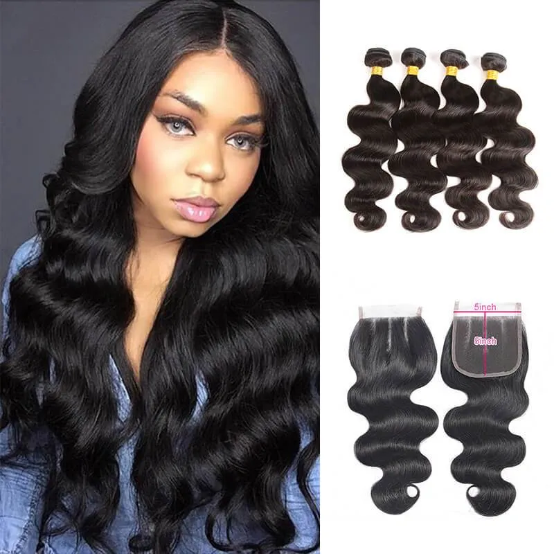 Wavymy Body Wave Natural Color Virgin Human Hair Weave 4 Bundles with 5x5 Lace Closure