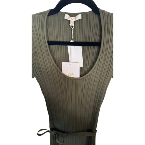 WAYF XS Ribbed Olive Green Knit Long Sleeve Midi Dress Waist Tie