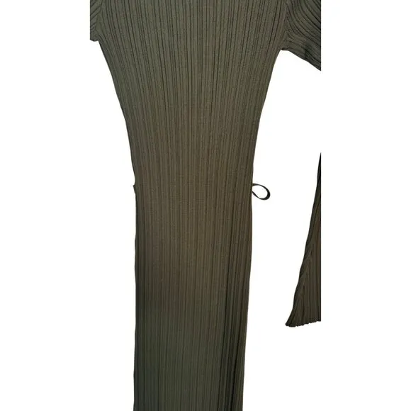 WAYF XS Ribbed Olive Green Knit Long Sleeve Midi Dress Waist Tie