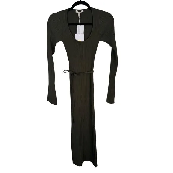 WAYF XS Ribbed Olive Green Knit Long Sleeve Midi Dress Waist Tie