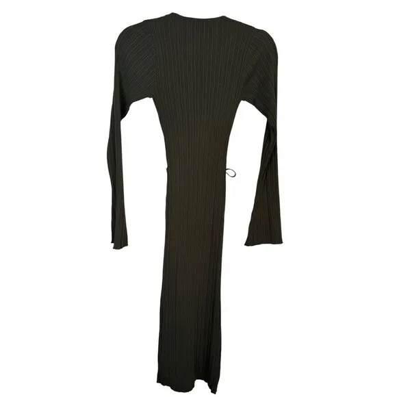 WAYF XS Ribbed Olive Green Knit Long Sleeve Midi Dress Waist Tie