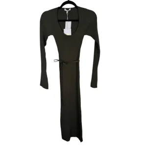 WAYF XS Ribbed Olive Green Knit Long Sleeve Midi Dress Waist Tie