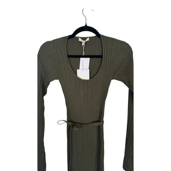 WAYF XS Ribbed Olive Green Knit Long Sleeve Midi Dress Waist Tie