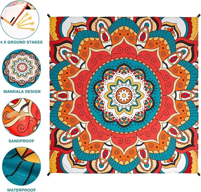 WERNNSAI Beach Blanket - Beach Mat Mandala Beach Blanket 83’’ x 79’’/ 6.5Ft x 7 Ft Waterproof Sandproof Oversized Lightweight Picnic Mat for Adults Outdoor Beach Party Travel Camping Music Festival