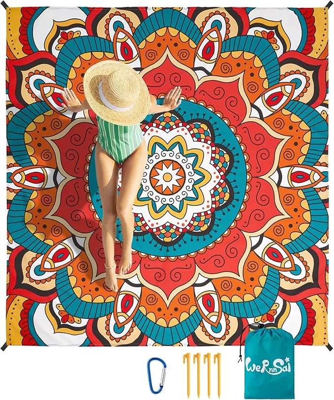 WERNNSAI Beach Blanket - Beach Mat Mandala Beach Blanket 83’’ x 79’’/ 6.5Ft x 7 Ft Waterproof Sandproof Oversized Lightweight Picnic Mat for Adults Outdoor Beach Party Travel Camping Music Festival
