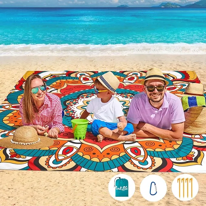WERNNSAI Beach Blanket - Beach Mat Mandala Beach Blanket 83’’ x 79’’/ 6.5Ft x 7 Ft Waterproof Sandproof Oversized Lightweight Picnic Mat for Adults Outdoor Beach Party Travel Camping Music Festival