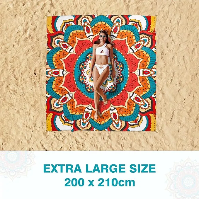 WERNNSAI Beach Blanket - Beach Mat Mandala Beach Blanket 83’’ x 79’’/ 6.5Ft x 7 Ft Waterproof Sandproof Oversized Lightweight Picnic Mat for Adults Outdoor Beach Party Travel Camping Music Festival