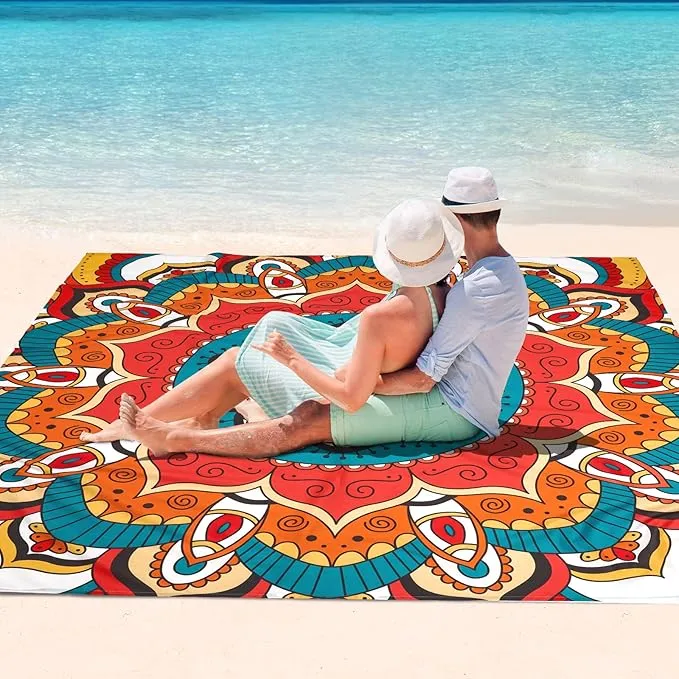 WERNNSAI Beach Blanket - Beach Mat Mandala Beach Blanket 83’’ x 79’’/ 6.5Ft x 7 Ft Waterproof Sandproof Oversized Lightweight Picnic Mat for Adults Outdoor Beach Party Travel Camping Music Festival