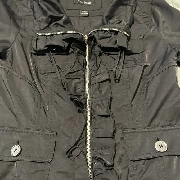 White House Black Market Jacket, Black, Ruffles, 3/4 Sleeves, Zipper, Size 2
