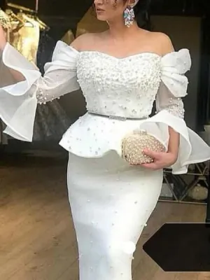 white muslim evening dresses long peals beaded mermaid off the shoulder evening gown robe de soiree