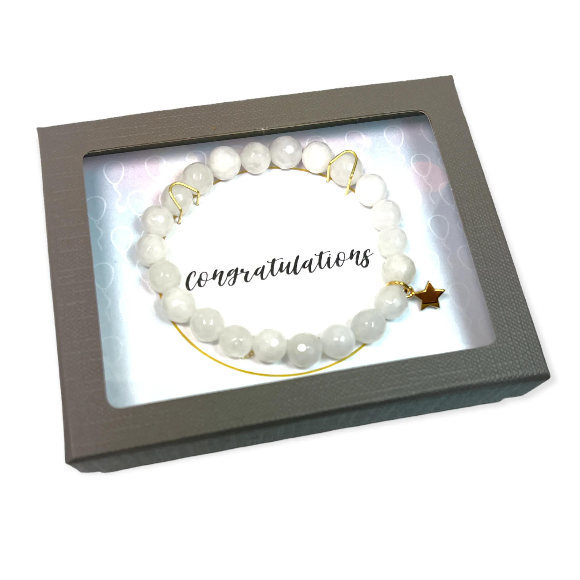 White Quartz with Gold Star Charm "Congratulations" Bracelet Gift Box