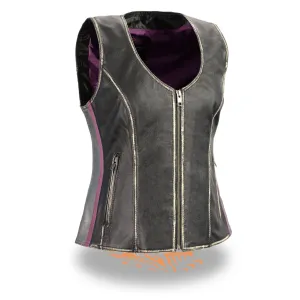 Women's Rub-off Black & Silver Zipper Front Vest