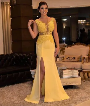 yellow evening dresses 2020 lace appliqué mermaid elegant sleeveless cheap formal dresses 2021
