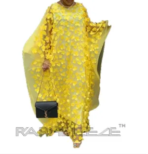 Yellow Flower Lace Floor Length Maxi Caftan