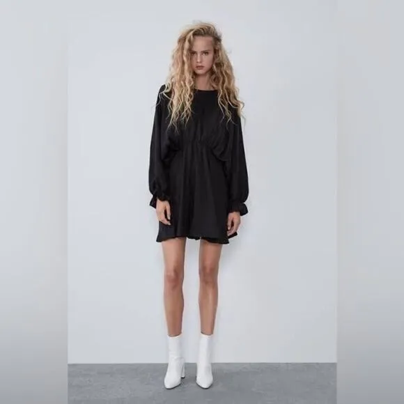 Zara Dolman Mini Black Dress Ruffle Puff Cinched Babydoll Size S