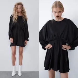 Zara Dolman Mini Black Dress Ruffle Puff Cinched Babydoll Size S