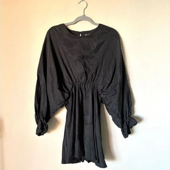 Zara Dolman Mini Black Dress Ruffle Puff Cinched Babydoll Size S