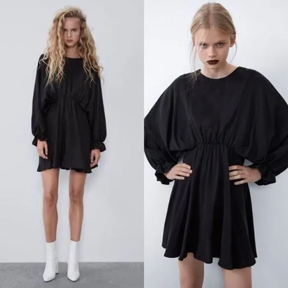 Zara Dolman Mini Black Dress Ruffle Puff Cinched Babydoll Size S
