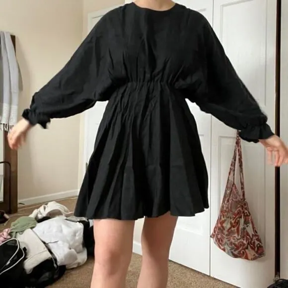 Zara Dolman Mini Black Dress Ruffle Puff Cinched Babydoll Size S