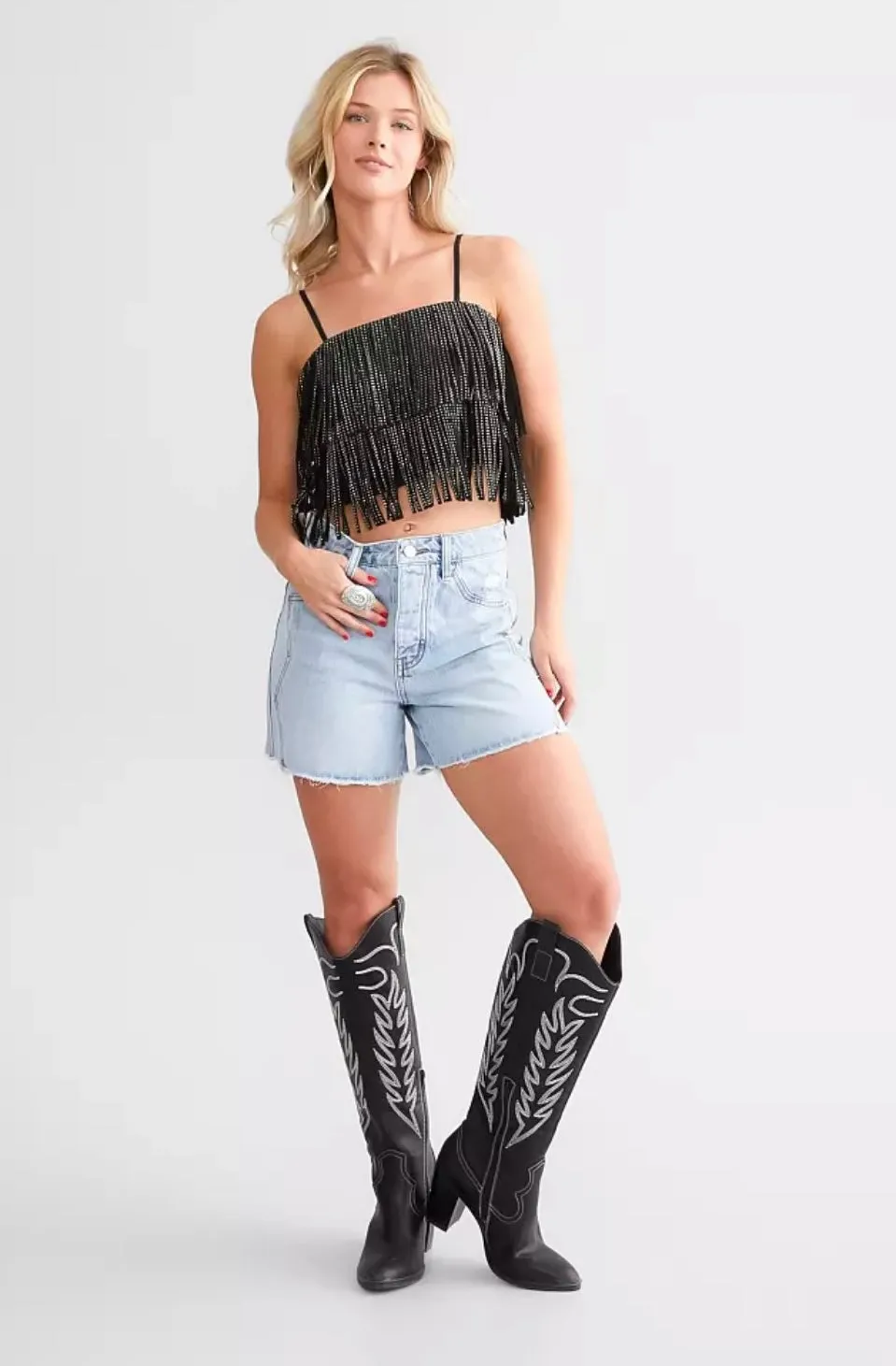 Zenni Rhinestone Fringe Top