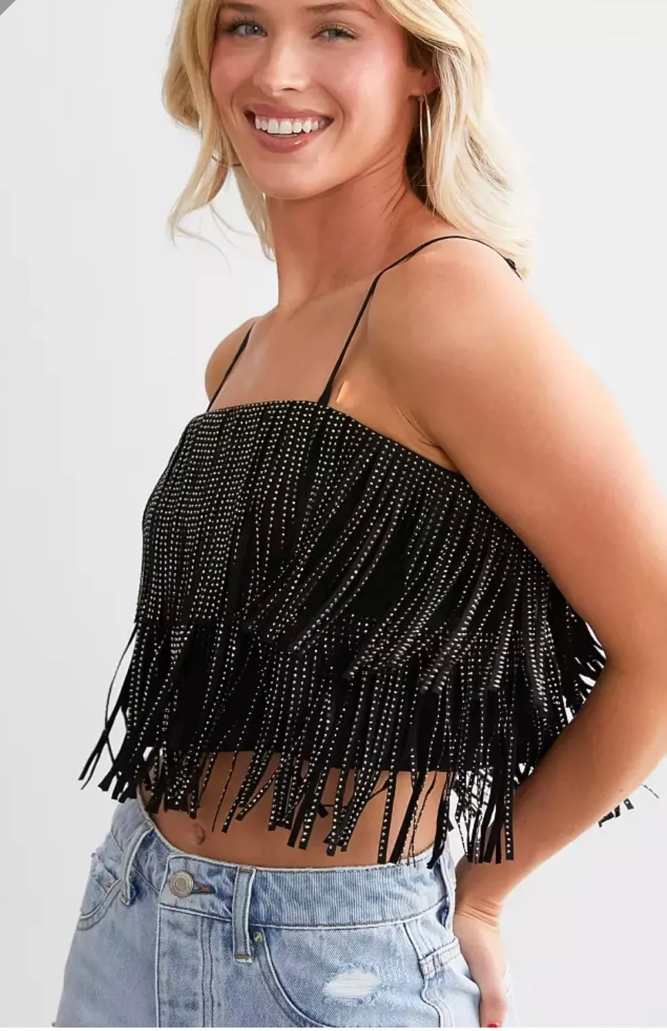 Zenni Rhinestone Fringe Top