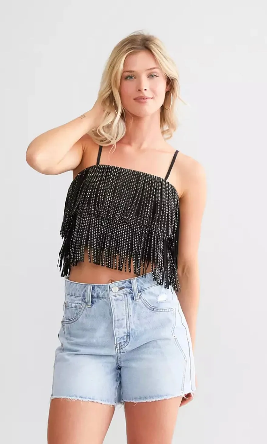 Zenni Rhinestone Fringe Top